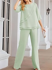 preiswerte Hosenanzüge für Mama-Jumpsuit  Hosenanzug Mutter der Braut Eleganter Einfacher Boot-Ausschnitt Bodenlang Chiffon Halber Ärmel mit Rüschen Einfarbig 2025