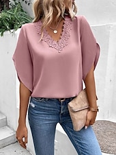 preiswerte Spitzenoberteile-Damen Hemd Bluse Feste Farbe Stilvoll Brautkleider schlicht Halbe Ärmel Eine Glocke V Ausschnitt Normale Oberteile Täglich Spitze Patchwork Rosa Leicht Blau Sommer Frühling Herbst