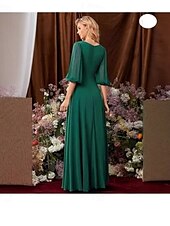 economico Abiti da damigella-Abito da damigella d’onore A-Line scollatura a V maniche di lunghezza 3/4 elegante lunghezza pavimento in chiffon  spandex con drappeggi  arricciature  colore solido