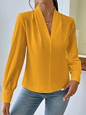 billige Kvinne Enkle Topper-Dame Skjorte Bluse Helfarge Stilfull Fritid Langermet V-hals Vanlige topper Daglig Knapper Lomme Svart Hvit Gul Blå Grønn Sommer Vår
