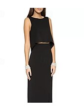 abordables NOIR-Robe de soirée deux pièces sirène  trompette élégante soirée gala cravate noire longueur complète sans manches col ras du cou mélange de coton sans dos avec fente et frange