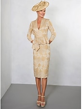 voordelige Thee Lengte-Bloem Sheath  Kolom Moeder van de Bruid Jurk Formeel Elegant Hoog Laag Hemd Kraag Thee Lengte Polyester 3/4 Lengte Mouw met Tailleband  Ribben Derby Jurk Race Dag Jurk Bruiloft Gast Jurk 2025