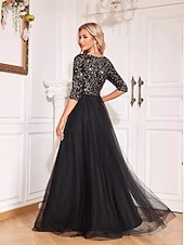 preiswerte BLAU-A-Linie Abschlussballkleider Glitzerndes Kleid Formelle Hochzeit Bodendeckend Langarm V-Ausschnitt Tüll mit Glitzer