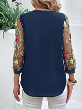 Damskie Koszula Bluzka Kwiaty Elegancki Codzienny Rękaw 3/4 Półgolf Zwykłe topy Codzienny Siateczka Haft Nadruk Czarny Granatowy Lato Wiosna tanie Eleganckie topy-Damskie Koszula Bluzka Kwiaty Elegancki Codzienny Rękaw 3/4 Półgolf Zwykłe topy Codzienny Siateczka Haft Nadruk Czarny Granatowy Lato Wiosna