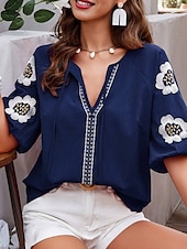 preiswerte Damen Urlaub Oberteile-Damen Hemd Bluse Blumen Stilvoll Brautkleider schlicht Kurzarm V Ausschnitt Normale Oberteile Täglich mit Schnürung Bestickt Weiß Marineblau Sommer Frühling