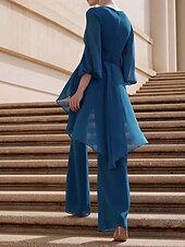 cheap Mom&#039;s Pant Suits-Jumpsuit / Pantsuit Mother of the Bride  Formal Wedding Guest Elegant Simple V Neck Floor Length Chiffon 3/4 Length Sleeve Wrap Included with Solid Color 2025