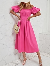 abordables Robe de cocktail-Femme Robe mi-longue Robe casual Robe Évasée Robe Trapèze Elégant mode Décontractées Vacances du quotidien Standard Plein Manche Courte Epaules Dénudées Rose Claire Orange Eté Printemps