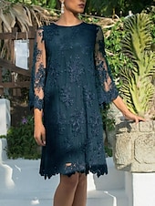 billiga Te Längd-Sheath brudens mor klänning bröllopsgäst elegant juvelhals kort  mini spets tulle 3/4-längd ärm med applikationer gratis anpassad storlek