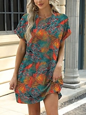 levne Boho šaty-Dámské Mini šaty Volnočasové šaty Tričkové šaty Boho šaty stylové Na běžné nošení Dovolená Denní Běžný Květinový S lístky Krátký rukáv Tričkový Vodní modrá Hnědá Trávová zelená Léto