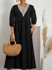 preiswerte Kleider aus Baumwolle und Leinen entwerfen-Damen Midikleid Baumwoll-Leinen-Kleider Freizeitkleid Basic Lässig Urlaub Täglich Normale Passform Einfach Dreiviertelarm V Ausschnitt Schwarz Weiß Armeegrün Sommer