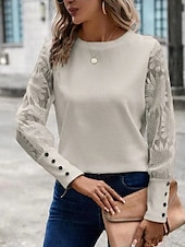cheap Lace Tops-Women&#039;s White Elegant Lace Tops Eyelet Blouse Dressy Tops Elegant Lace Buttons Long Sleeve Crew Neck Daily Romantic Petite Tops Summer Holiday Wear Pink Khaki Summer Semi Formal Blouses