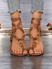 preiswerte Damensandalen-Damen-Gladiatorsandalen im Bohemian-Stil – flache Riemchenschuhe im Römerstil mit Schnürung und Nietendetails für Sommer, Strand und Freizeit
