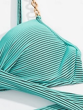 billige Bikinisett-Dame Badetøy Bikini 2 stk Frekk Badedrakt Åpen rygg Tynn Ferie Strand Klær Stripe V-hals Ermeløs Badedrakter