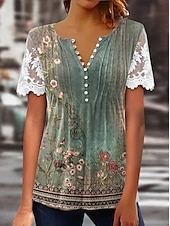 cheap Boho tee-Women&#039;s Lace Splicing Top Graphic Flowers Elegant Bohemia Fashion Short Sleeve Flutter Sleeve Round Neck Regular Tops Daily Weekend Vacation Wear Lace Patchwork Print White Light Green Navy Blue Blue