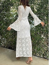 levne Bílé krajkové šaty-Dámské Maxi šaty Bílé šaty Černé šaty Krajkové šaty Elegantní stylové Sexy Svatební Dovolená Párty Běžný Dlouhý rukáv Hranatý Černá Bílá Léto Jaro Podzim Zima