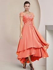 economico Lunghezza del pavimento-Abito A-line Madre della Sposa Abito Ospite di Matrimonio Formale Elegante Alto-Basso Collo a Barchetta Asimmetrico Lunghezza Tea Chiffon Pizzo Manica Corto con Applicazioni in Paillettes 2025 taglia