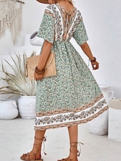 abordables Robes Bohémiennes-Femme robe longue Robe Trapèze Robe d&#039;été robe boheme Elégant Hawaïen mode Vacances du quotidien Rendez-vous Standard Floral Manche Courte Col V Vert Eté