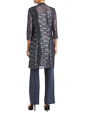 economico Tailleur pantalone della mamma-Tuta  Completo Mamma della Sposa Elegante Semplice Scollo a Gioiello Lunghezza Totale Chiffon Applicazione di Pizzo Sequins Manica 3/4 con Giacca con Bordo a Scallop Colore Unito 2025