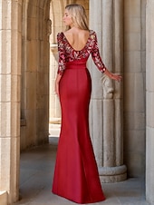 cheap RED-Floral Beaded Evening Gown Elegant Dress Carnival Formal Floor Length 3/4 Length Sleeve Boat Neck Satin with Ruffles Slit