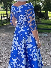 billiga Golvlängd-A-linjeformad klänning Brudens mor Klänning Elegant Enkel Båt hals snitt Tea-längd Satin 3/4-lång ärm med blommigt tryck Plisseringar Derbyklänning Raceday Klänning Bröllopsgästklänning 2025