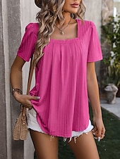 cheap T-shirts-Women&#039;s Boho T-shirt Plain Bohemia Stylish Basic Short Sleeve Puff Sleeve Square Neck Regular Tops Daily Going out Weekend Dressy Tunic Black White Light Green Pink Royal Blue Summer