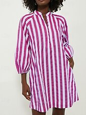 abordables Robes-chemises-Femme Mini robe Robe chemise Robe casual Robe d&#039;été mode Décontractées Vacances du quotidien Rendez-vous Standard marinière Manches 3/4 Col V Rose Claire Vert Eté Printemps