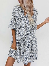 preiswerte Druck Blumen Kleider-Damen Minikleid Casual kleid Boho Chic Kleider A Linie Kleid Boho-Kleid Böhmen Vintage Urlaub Täglich Regular Fit Blumen 3/4 Ärmel Gekerbter Hals Rosa Blau Sommer