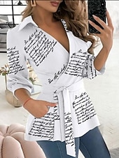 cheap Work Tops-Women&#039;s Shirt Blouse Geometric Butterfly Letter Stylish Casual Long Sleeve V Neck Regular Tops Daily Buttons Pocket Black White Blue Green Summer Spring
