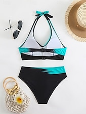 billiga Bikiniset-Dam Badkläder Bikini 2 st Kaxig Baddräkt Öppen rygg Smal Semester Standkläder Grafisk V-hals Ärmlös Baddräkter