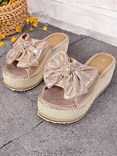 Недорогие Женские сандалии-босоножки на танкетке с золотистым металлическим бантом для женщин - гламурные босоножки на платформе для повседневных летних прогулок