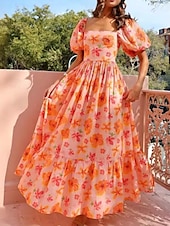 olcso Elegáns virágos ruhák-Női Maxiruha hétköznapi ruha Elegáns aranyos stílus Stílusos Flounce Sleeve Vakáció Parti Napi Normál Grafika Rövid ujjú Szögletes Narancssárga Nyár Tavasz
