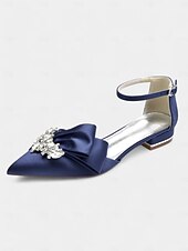 preiswerte Halbformell-weiße Satin-Pumps mit spitzer Spitze, Strass-Schleife und Fesselriemchen – perfekte Brautschuhe für Hochzeiten