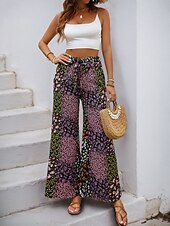 baratos perna larga e cintura alta-Mulheres Perna larga chinês Moda Roupa de rua Comprimento total Cintura Alta Leopardo Bolsos Cintura elástica Estampado Confortável Macio Micro-Elástica Ao ar livre Rua Preto Verão Primavera Normal