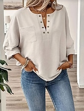 voordelige Overhemden-Dames Overhemd Blouse Katoenen linnen overhemden Effen Kleur Elegant Stijlvol Casual Lange mouw V-hals Normale tops Dagelijks Feestdagen Uitgaan Knop Beige Zomer Lente Herfst