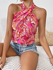 billige Tanks og camisole til kvinner-Dame Top Camisole Tank Top Paisley Stilren Casual Ermeløs Halter Neck Vanlige Topper Daglig Trykk Fuchsia Sommer