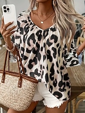 billige Kvinnenes arbeids topper-Dame Skjorte Bluse Leopard Stilfull Fritid 3/4 ermer V-hals Vanlige topper Daglig Trykt mønster Leopard Sommer Vår