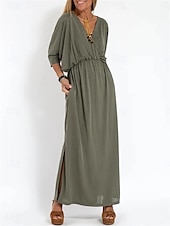 voordelige T-shirt-jurken-Dames Maxi-jurk Casual jurk A lijn jurk Stijlvol Basic Casual Vakantie Dagelijks Normale pasvorm Effen Halve mouw V-hals Zwart Leger Groen Zomer Lente