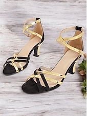 ieftine Sandale casual-sandale de dama cu toc inalt cu bretele negre si aurii cu bareta la glezna si design elegant pentru petreceri si evenimente formale