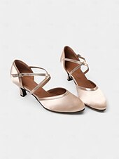 baratos Sapatos de Dança Latina-sapatos de dança fechados em cetim champanhe com design de tira cruzada para mulheres - ideais para dança de salão e social