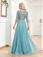 preiswerte BLAU-A-Linie Abschlussballkleider Glitzerndes Kleid Formelle Hochzeit Bodendeckend Langarm V-Ausschnitt Tüll mit Glitzer