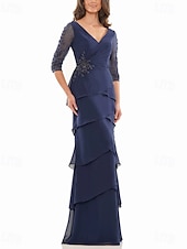 preiswerte Bodenlänge-A-Linie Kleid Brautmutterkleid Formell Elegant V Ausschnitt Bodenlang Chiffon Dreiviertelarm mit Stufen Kaskadierende Rüschen Einfarbig 2025