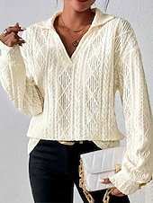 preiswerte Spitzenoberteile-Damen Weiß Elegante Spitze Tops Augenschlitze Bluse Legere Schlichte Reguläre Tops Langarm Hemdkragen Spitze Reguläre Passform Arbeit Alltag Romantische Petite Tops Sommer Urlaubsbekleidung Beige