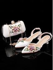 ieftine Semi-formal-Set de pantofi albi cu toc pisicuță cu ornamente florale de epocă și set clutch asortat pentru femei - ideal pentru nunți și ocazii formale