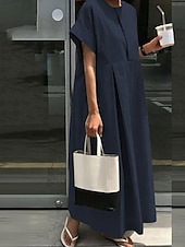 cheap Print Cotton &amp; Linen Dresses-Women&#039;s Maxi Dress Cotton Linen Dresses Casual Dress Cotton Maxi Dress Basic Casual Vacation Daily Loose Fit Plain Short Sleeve Crew Neck Khaki Army Green Dark Blue Gray Summer Spring Fall