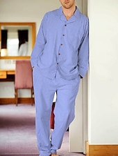 billige Pyjamas-Herre lounge Nattøy Pyjamas Sett Pyjamas topp og bukse 2 deler Ruter Stripe Stilfull Fritid Komfort Hjem Daglig Bomull Komfort Knaphul Langermet Skjorte Bukse Snorer Elastisk midje Vår Høst Hvit Gul