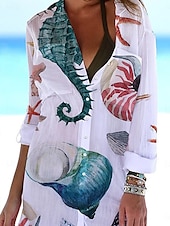 billiga Hawaiianska klänning-Kvinnors Mini Klänning Skjortklänning Täcka Upp Strandmode Mini Klänning Pockettryck Mode Avslappnat Fisk Vikbar 3/4 Längd Ärmar Lång Passform Utomhus Daglig Vit Blå 2023 Sommar Vår S M L XL