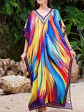 preiswerte Kaftane-Damen Badeanzug Zudecken Schwimm-Kleid Bademode Patchwork Urlaub Strandbekleidung Graphic V Ausschnitt Langarm Badeanzüge
