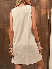 economico Vestiti-Per donna Mini abito Abito casual Abito in cotone e lino Abito senza maniche Essenziale Informale Da mare Giornaliero Standard Liscio Senza maniche Stondata Verde militare Beige Estate Primavera