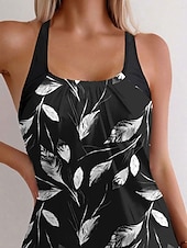 billiga Tankinis-Dam Badkläder Tankini 2 st Pojkeben Baddräkt Öppen rygg Hög midja Semester Standkläder Löv Rund Ärmlös Baddräkter