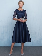 preiswerte Teelänge-A-Linie Kleid Brautmutterkleid Formal Elegant einfach Juwel-Ausschnitt Knöchellänge Tee-Länge Satin Halbarm mit Spitzen-Schleife(n) Blumen Derby Kleid Renntag Kleid 2025